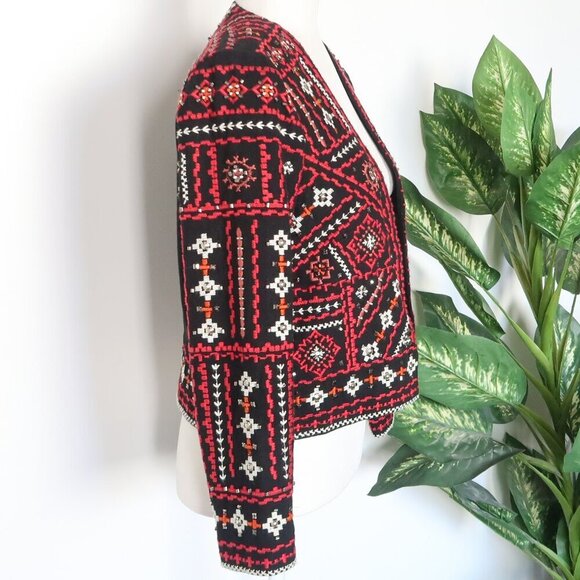 Zara Black Red Embroidered Beaded Open Front Crop Blazer Ethnic Dressy Statement - Picture 11 of 16